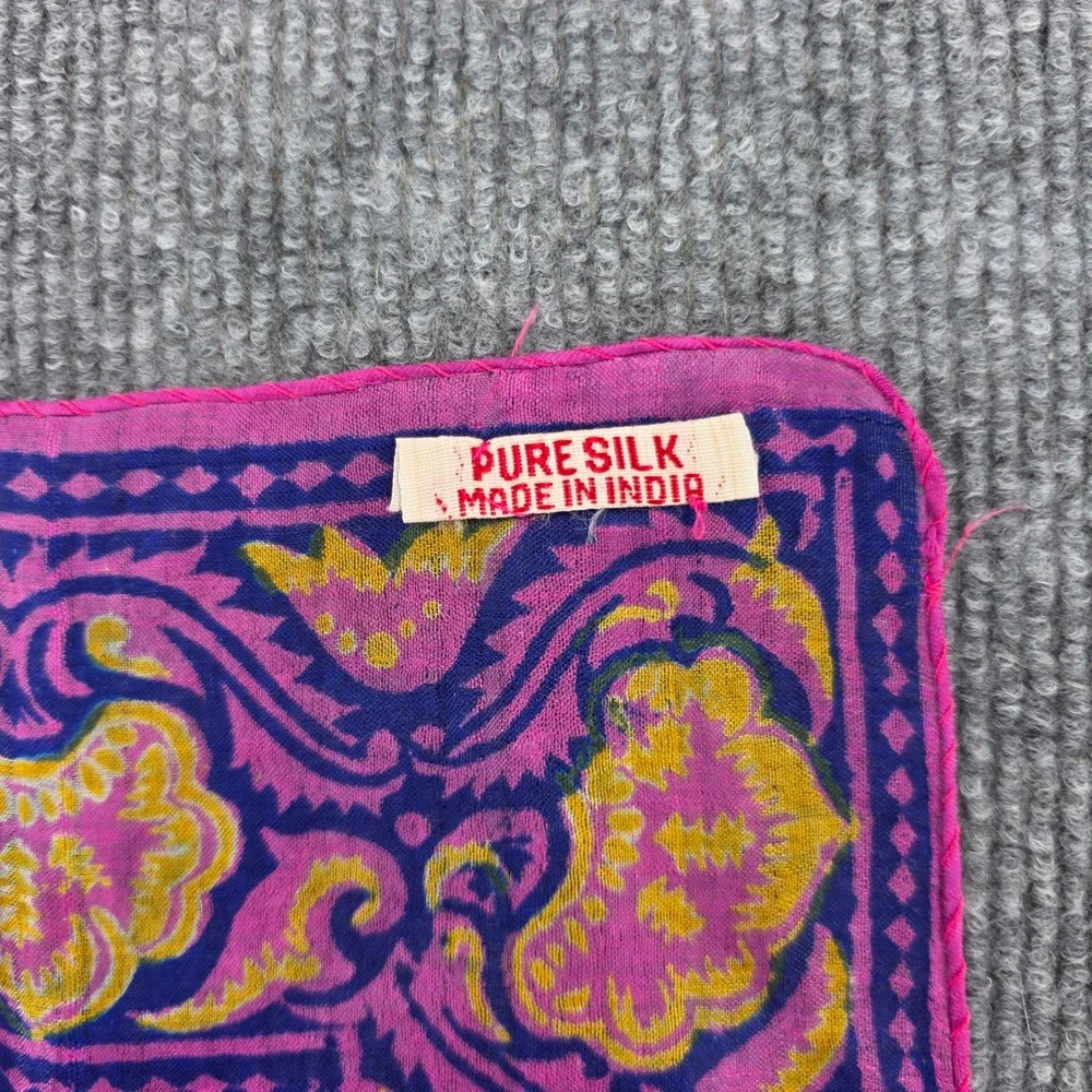 Vintage Pure Silk Scarf Pink Purple Floral Block Print Square India 20.5
